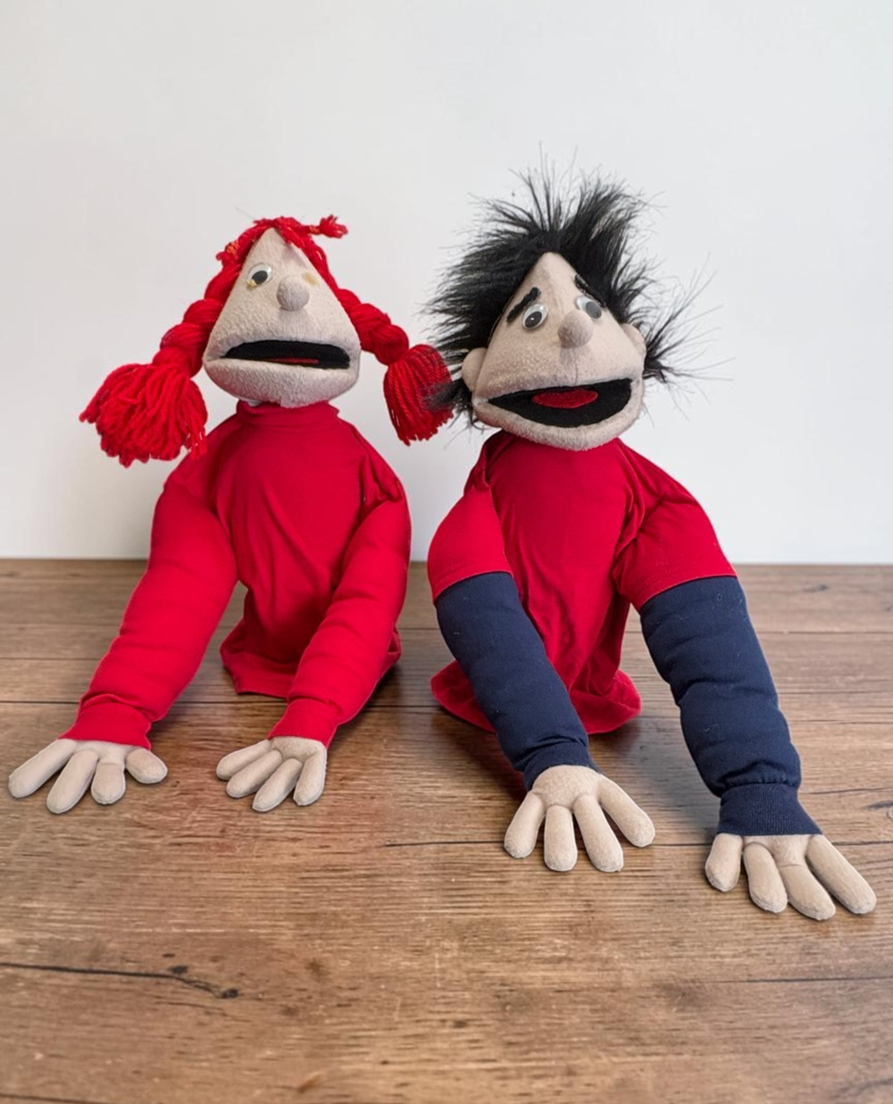 Vtg Sunny & Co Toys Hand Puppet Show Set Boy Girl Red Blue Shirt Blemished 20"